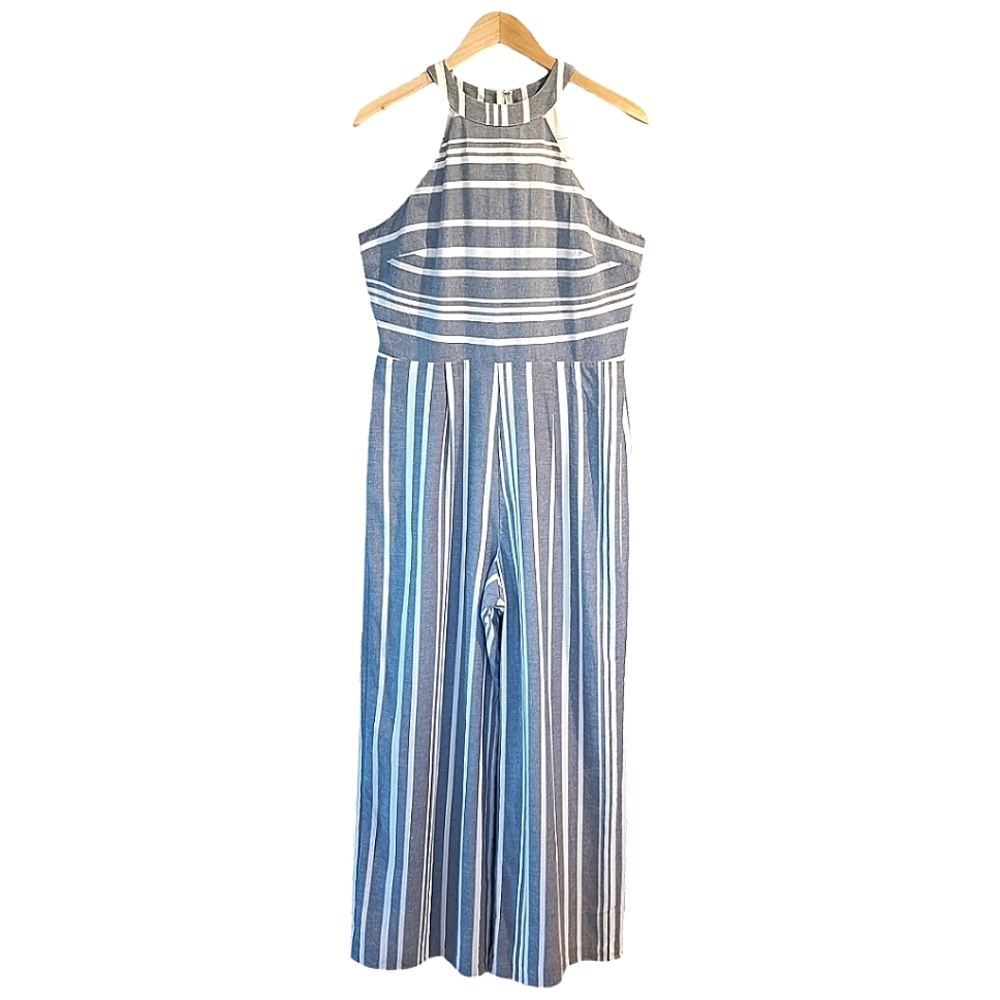 EXPRESS, LIGHT BLUE WHITE STRIPED HALTER JUMPSUIT, SIZE  MEDIUM NWOT